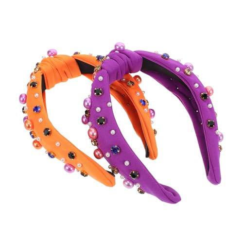 ROMISBABA 2 Stück Halloween Haarband Damen Hochkronig mit Knoten Perlen Strass Verziert Breites Stirnband für Party Kostüm Cosplay Leicht Komfortabel Modisches Haarschmuck Accessoire von ROMISBABA