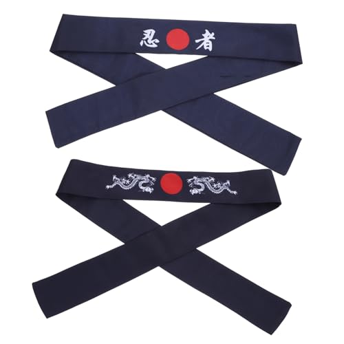 ROMISBABA 2 Stück Japanisches Sportstirnband Teiliges mit Blauem Drachen und Ninja Motiv Verstellbar Schweißableitend für Karate Training Kochen Running und Cosplay von ROMISBABA
