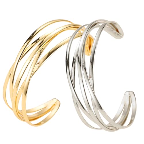 ROMISBABA 2 Stück Multilayer Metall Armreif Boho Stil Offener Damen Armschmuck Elegant Modisch für Alltag und Fest von ROMISBABA