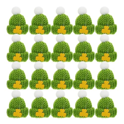 ROMISBABA 20 Stück Teiliges Mini Strickmützen für DIY Bastelprojekte Winzige Grüne St Patrick Day Partydekoration Weiche Mini Wollhüte mit Weißem Bommel und Goldfarbenem Kleeblatt von ROMISBABA