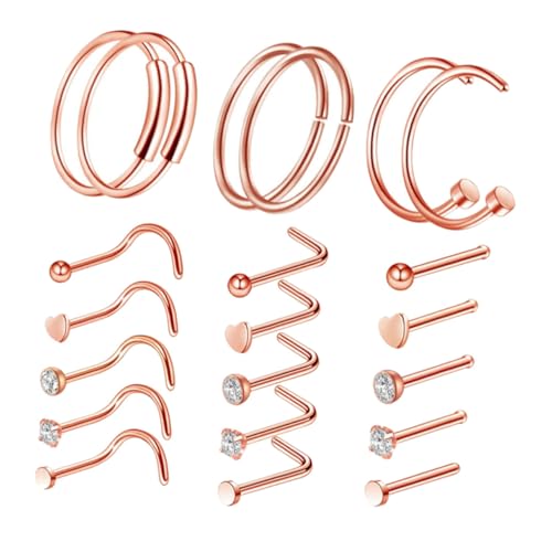 ROMISBABA 21 STÜCKE Teiliges Nasenpiercing aus Rostfreiem Stilvolle Langlebige Nasenringe und Nasenstecker in Roségold Hautfreundlich Leicht und Modisch für Damen und Herren von ROMISBABA