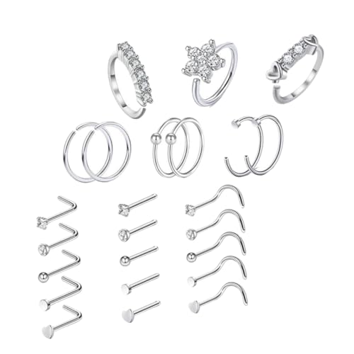 ROMISBABA 24 Stück Teiliges Zirkonia Nasenringe aus Edelstahl Modische Nasenstecker für Damen Hautfreundlich Poliert Vielseitiger Schmuck für Piercing und Alltag Geschenkidee von ROMISBABA