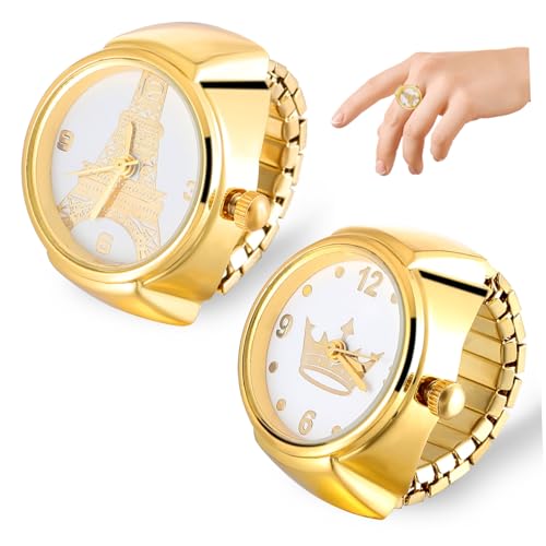 ROMISBABA 2stücke Ringuhr Für Damen Und Herren Uhrenring Mit Quarzwerk Mit Kronen Und Turmmuster Arabische Ziffern Klare Elegantes Design Passt Zu Kleidungsstilen von ROMISBABA