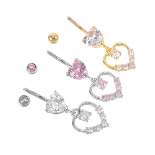 ROMISBABA 3 Stück Bauchnabelpiercing Herz Anhänger Kupfer Zirkonia Damen Bauchring Schmuck Langlebig Komfortabel Vielseitige Farben Rosa Silber Gold von ROMISBABA
