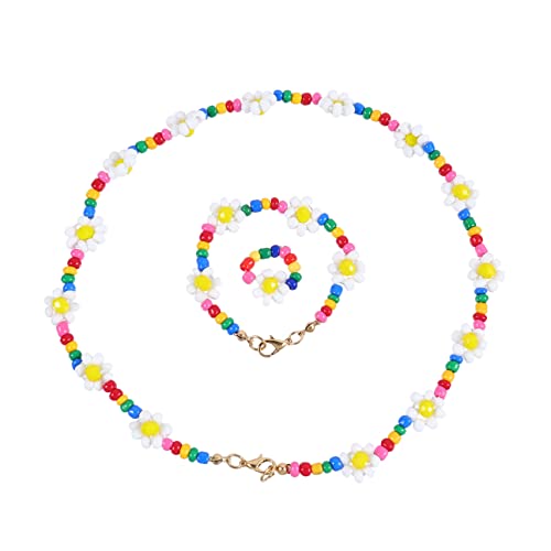 ROMISBABA 3 Stück Schmuckset Teilig Perlen Armband Halskette Ring Set Elastisch Verstellbar Bunte Blumen Deko für Mädchen Party von ROMISBABA