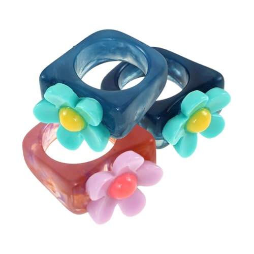ROMISBABA 3 Stück Teiliges Resin Ringe mit Blumenmotiv Vintage Design mit Funkelnden Schmucksteinen Zarte Finger Ringe für Damen und Mädchen Farbige Pastellringe in und Blau für Alltag und von ROMISBABA