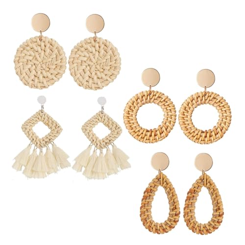 ROMISBABA 4 Paare Handgefertigte Rattan Ohrringe Modische Geometrische Ohrstecker Stilvolle und Leichte Ohrschmuck für Damen Komfortabel und Vielseitig Kombinierbar von ROMISBABA
