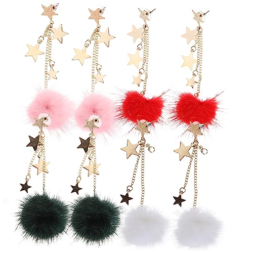 ROMISBABA 4 Paare Ohrhänger mit Kunstfellbommel Quasten und Stern Design Leichte Damen Ohrringe in Weiß Rot Grün und Rosa Modischer Schmuck für Frauen und Mädchen Handgefertigt Komfortabel von ROMISBABA