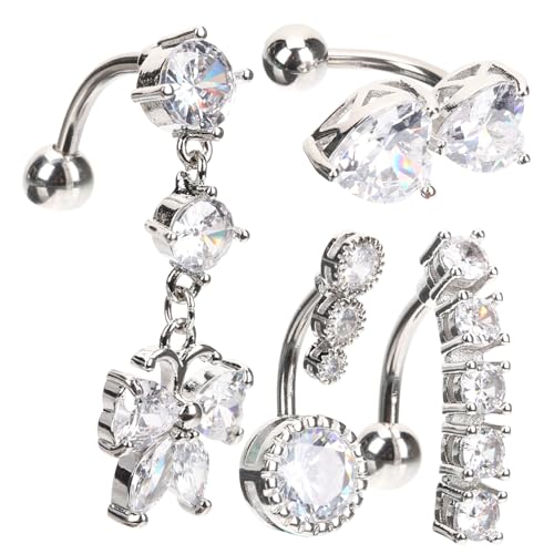 ROMISBABA 4 Stück Bauchnabelpiercing Teilig mit Kristallsteinen Rostfrei Hautfreundlich Modischer Nabelschmuck für Frauen Geeignet für Alltag Strand Party und von ROMISBABA