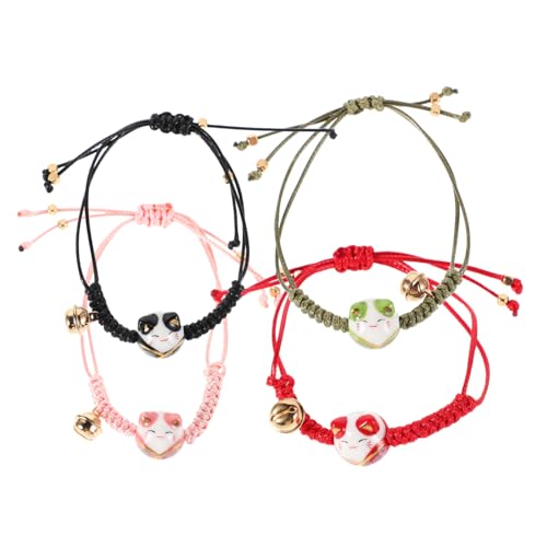 ROMISBABA 4 Stück Feng Shui Maneki Neko Armbänder Verstellbare Handgefertigte Flechtarmbänder mit Niedlichen Keramik Katzenperlen Rot Schwarz Grün Glücksbringer für Alltag und von ROMISBABA