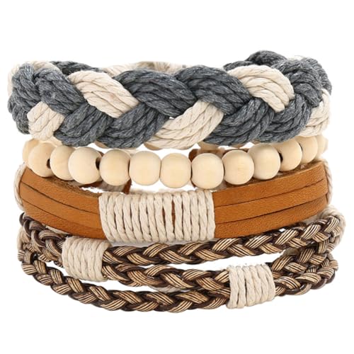 ROMISBABA 4 Stück Geflochtene Lederarmbänder mit Holzperlen Stapelbare Armbänder für Damen und Herren Klassischer Vintage stil Modisches Schmuckaccessoire für Alltag Party Reise von ROMISBABA