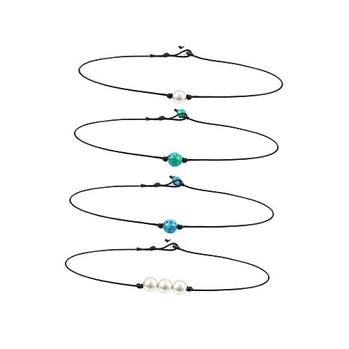 ROMISBABA 4stücke Perlen-halskette Aus Lederband Einzelne Perlenkette Lederseil-halsketten Chocks-schmuck Charms-schmuck Türkisfarbene Perlenkette Für Frauen Und Mädchen von ROMISBABA