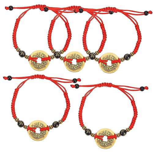 ROMISBABA 5 Stück Geflochtenes Rotes Armband mit Chinesischen Kupfermünzen Teiliges Handgefertigt Verstellbar Unisex Schmuck für Damen und Herren Traditioneller Feng Shui Stil von ROMISBABA
