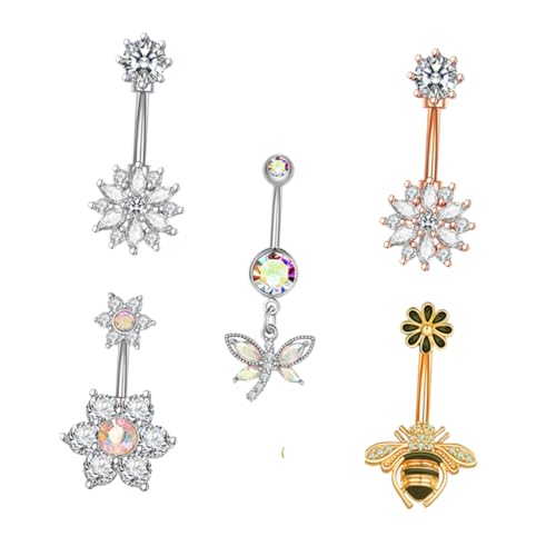 ROMISBABA 5 Stück Teiliges Bauchnabelpiercing aus und Zirkonia Bauchnabelringe mit Blumen Schneeflocke Biene und Libelle Anhänger Hautfreundlich und Langlebig für Damen und Mädchen von ROMISBABA