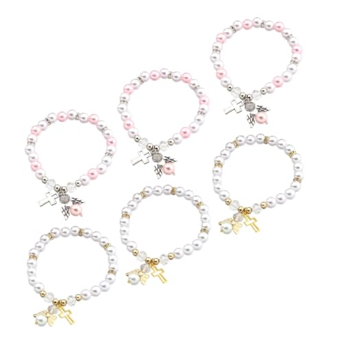 ROMISBABA 6 Stück Stilvolle Acrylperlen Armbänder mit Engelsflügel Anhänger Rosa und Weiß Langlebig und Modisch für Damen als Dekoratives Schmuck für Alltag und Besondere Anlässe von ROMISBABA