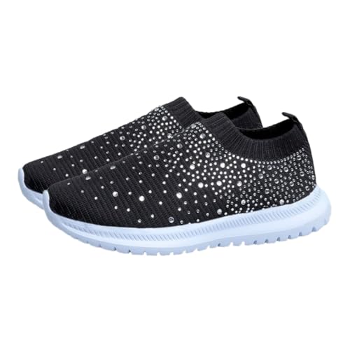 ROMISBABA Atmungsaktive Damen Sportschuhe mit Strasssteinen Leichte Netzstoff Sneaker rutschfeste Sohlen Komfortable Dämpfung Frühjahrsschuhe für Freizeit und Sport Schwarz von ROMISBABA