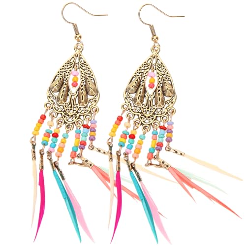 ROMISBABA Boho Federschmuck Ohrringe Damen Leichte Quasten Ohrringe mit Filigraner Tassel und Perlen Allergikerfreundlich Statement Ohrhänger für Alltag und von ROMISBABA
