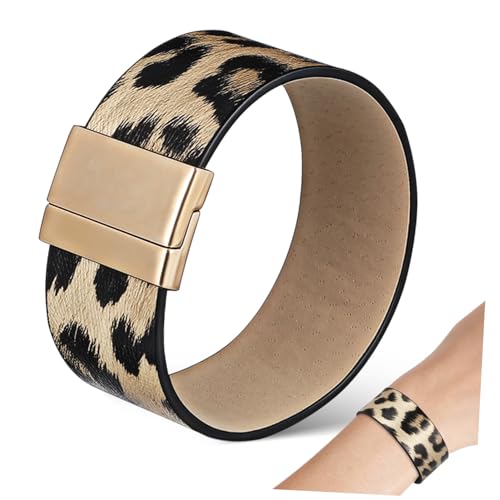 ROMISBABA Breites Leopardenmuster Armband Kunstleder Modisches Animal Print Manschettenarmband Fein Verarbeitetes Punk Accessoire für Damen Vielseitig Kombinierbarer Leopardenbangle von ROMISBABA