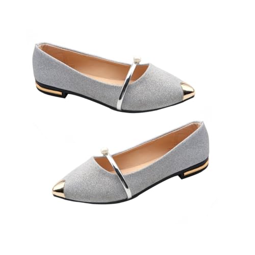 ROMISBABA Damen Ballerinas mit Spitz Zulaufender Zehe Flache Sommerschuhe mit Perlendekor rutschfest Angenehm Leicht Auszuziehen für Alltag und Party Silber von ROMISBABA