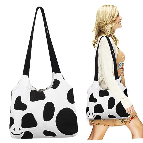 ROMISBABA Damen Canvas Shopper mit Kuhmuster Wiederverwendbare Große Schultertasche für Einkaufen Arbeit Strand und Freizeit Multifunktionale Einkaufstasche mit Innentasche von ROMISBABA