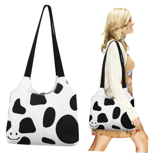 ROMISBABA Damen Canvas Shopper mit Kuhmuster Wiederverwendbare Große Schultertasche für Einkaufen Arbeit Strand und Freizeit Multifunktionale Einkaufstasche mit Innentasche von ROMISBABA