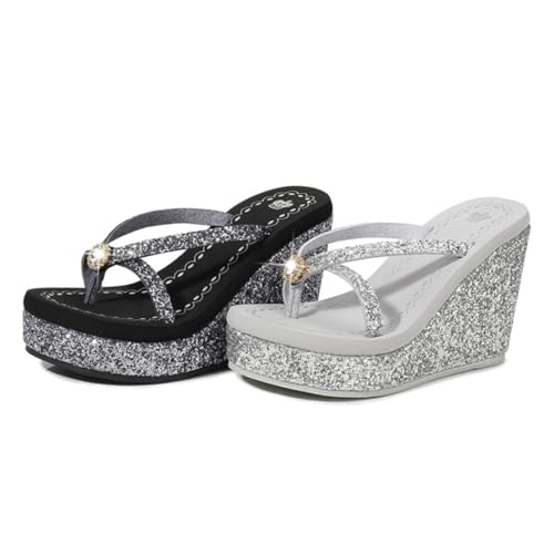 ROMISBABA Damen High Heel Sandaletten mit Funkelnden Pailletten und Diamanten Modische Sommer Sandalen für Strand und Freizeit Rutschfest Atmungsaktiv Geeignet für Kleider und Hosen Silber von ROMISBABA