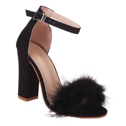 ROMISBABA Damen High Heels Sandalen mit Klobigem Absatz Pu material Atmungsaktiv Modisch mit Kunstfellball Geeignet für Partys Büro Hochzeit Cocktail und Nachtclub Schwarz von ROMISBABA