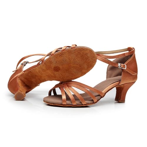 ROMISBABA Damen Latein Tanzschuhe Satin Obermaterial Absatz Verstellbare Knöchelriemen Komfortable Ballroom Dance Schuhe für Mädchen und Frauen Tiefes Hautrosa von ROMISBABA