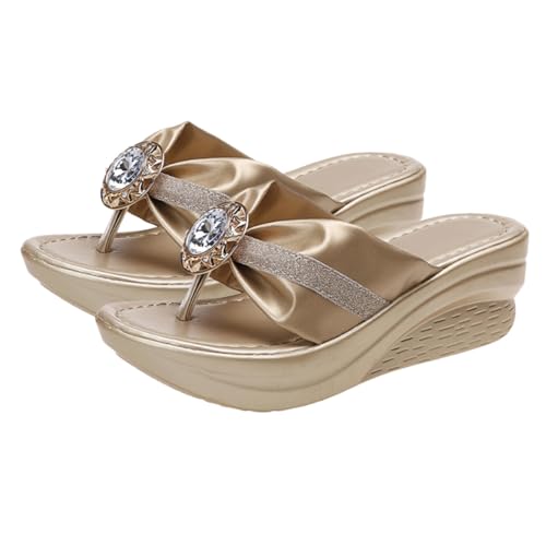 ROMISBABA Damen Plateau Sandalen mit Glitzerstein Verziert Leicht Rutschfest Angenehm Modische Sommerschuhe für Strand Pool Party und Alltag Goldfarben von ROMISBABA