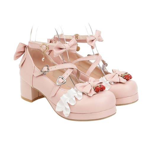 ROMISBABA Damen Pumps mit mittelhohem Blockabsatz und Schleifenverzierung Modische Lederschuhe für Frühling und Herbst Vielseitig kombinierbar für Arbeit Party und Alltag Rosa von ROMISBABA
