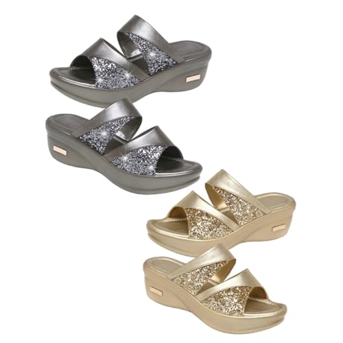 ROMISBABA Damen Sommerschuhe mit Dicker Keilsohle Offene Fischmaul Slipper Hausschuhe für Freizeit und Strand Bequeme Outdoor Pantoletten in Gold ROMISBABA Damen Sommerschuhe mit Dicker Keilsohle Offene Fischmaul Slipper Hausschuhe für Freizeit und Strand Bequeme Outdoor Pantoletten in Gold von ROMISBABA
