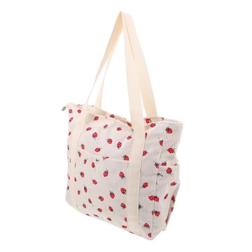 ROMISBABA Erdbeer-umhängetasche Für Damen Cord-einkaufstasche Mit Seitentasche Kleine Handtasche Für Arbeit Und Reisen Weiß Frühling-sommer-strandtasche von ROMISBABA