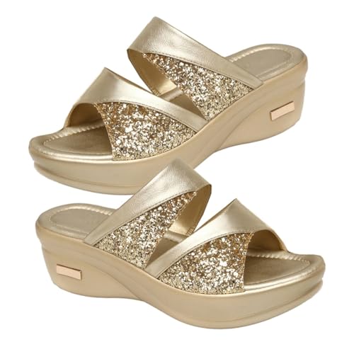 ROMISBABA Damen Wedgesandalen Sommer Dicke Keilsohle Offene Fischmaul Pantoletten Goldene Freizeitschuhe Bequeme Outdoor Mom Slipper Sandalen Langlebiges Material Einfaches Ausziehen von ROMISBABA