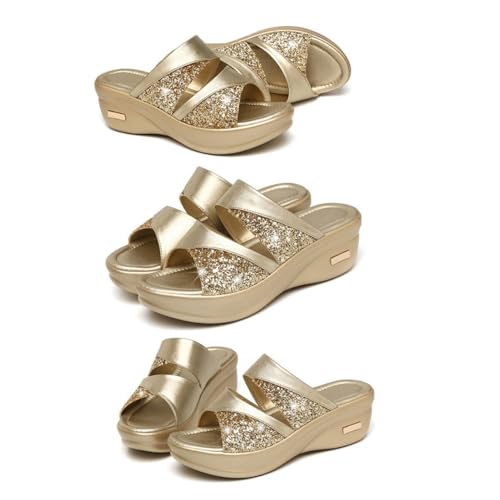 ROMISBABA Damen Wedgesandalen mit Dicker Keilsohle Sommerliche Offene Zehen Goldene Slipper für Frauen Bequeme Outdoor Mom Schuhe Rutschfest Leicht Anzuziehen von ROMISBABA