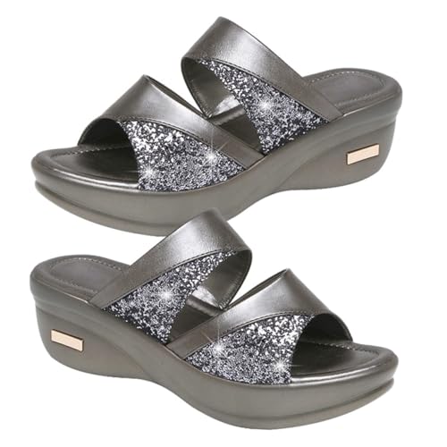 ROMISBABA Damen Wedgesandalen mit Dicker Sohle Offene Zehen Graue Sommer Pantoletten Bequeme Slipper für Frauen Stilvolle Outdoor Freizeit Schuhe Rutschfest und Langlebig von ROMISBABA