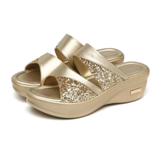 ROMISBABA Damen Wedgeslipper mit Dicker Sohle Goldfarben Sommer Casual Slipper Fischmaul Design Leicht Outdoor Strand Schuhe von ROMISBABA