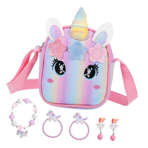 ROMISBABA Einhorn Handtasche Mit Schmuck Cartoon Geldbörse Süße Umhängetasche Für Damen Verstellbarer Riemen Auffällige Regenbogenfarben von ROMISBABA