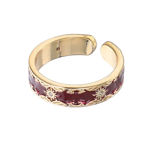 ROMISBABA Einstellbarer Damenring mit Rotem Emaille Blumenmotiv Offener Stapelbarer Statement Ring mit Funkelnden Zirkonia Chinesisch Inspirierte Langlebige Farben Vielseitiger Schmuck für von ROMISBABA