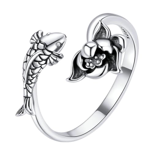 ROMISBABA Offener Blumenring Verstellbar Für Damen Schmuck Lotusblume Ring Fisch Einstellbar Frauen Accessoire Party Look Stylish Elegant von ROMISBABA