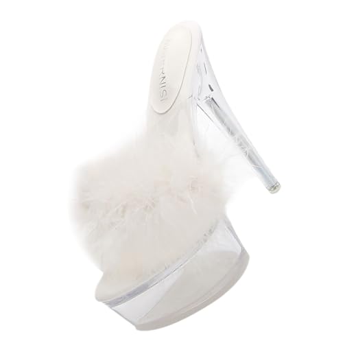ROMISBABA Fluffy High Heeled Sandalen Damen Dünne Absatzslipper mit Transparentem Plateau Weiße Slipper mit Design Leichter Sommer Schuh für Jeans Shorts Röcke Bequemes Ausziehen von ROMISBABA