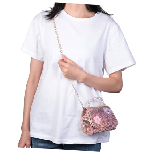 ROMISBABA Goldene Junge Mädchen Umhängetasche Mit Blumenmuster Perlenhandtasche Kreative Kettentasche Mini-Tasche Mit Abnehmbarem Schultergurt Und Perlengriff Leichtgewichtig Geeignet Für Sc von ROMISBABA