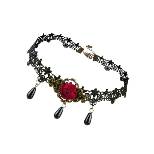 ROMISBABA Gothic Halskette Damen Schwarze Spitzen Choker mit Kristallperlen und Roter Rosenverzierung Halloween Schmuck Clavicle Pendant für Party von ROMISBABA