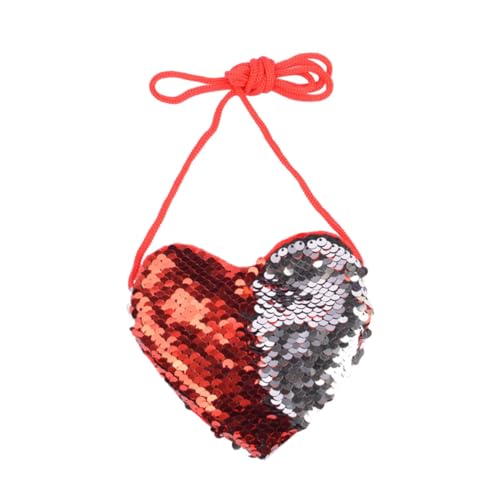 ROMISBABA Herzförmige Umhängetasche Für Junge Mädchen Glänzende Pailletten Geldbörse Für Münzen Und Kleine Dinge Langlebig Verstellbar Rot Und Silber von ROMISBABA