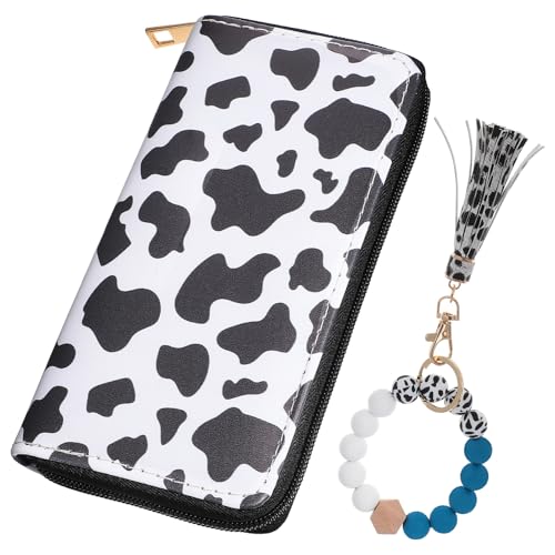 ROMISBABA Langes Damen Portemonnaie mit Kuhmuster aus Langlebigem PU Multifunktionale Geldbörse mit Vielen Fächern Beaded Quasten Armband und Schlüsselanhänger für Shopping und Reisen von ROMISBABA