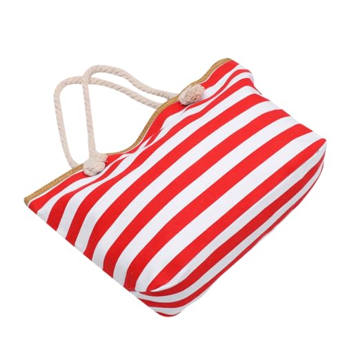 ROMISBABA Leichte Damen Schultertasche aus Canvas mit Reißverschluss Gestreiftes Design Vielseitige Strand und Einkaufstasche Tragbar und Modisch für Sommer und Alltag Rote Umhängetasche von ROMISBABA