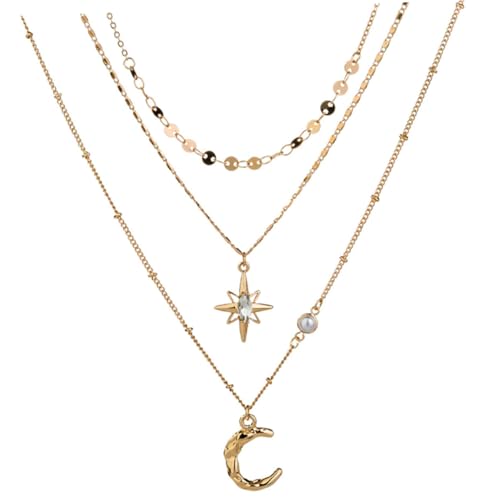 ROMISBABA Mehrlagige Halskette Mit Mond Und Stern-charm Schlüsselbeinkette Für Damen Edle Halskette Mit Anhänger Schmuck Für Mädchen Und Frauen von ROMISBABA