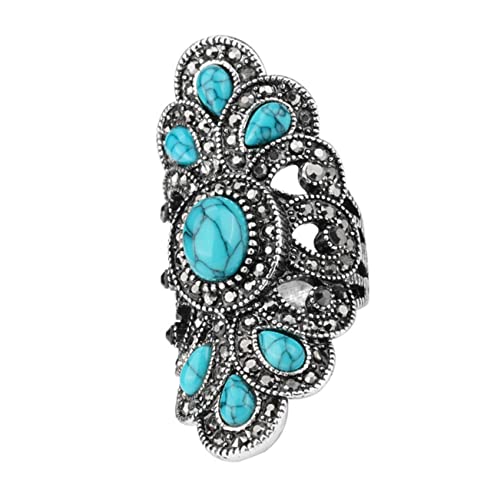 ROMISBABA Retro Türkisring Damen Hohler Vintage Ring mit Blauer Natürlicher Türkissteinfassung Modischer Schmuck für Alltag Hochzeit Party Hautfreundlich und Langlebig von ROMISBABA