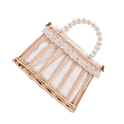 ROMISBABA Strandtasche Damen Strohtasche mit Perlenhandgriff Gewebte Handtasche aus Stroh mit Großem Öffnungsdesign und Kordelzug Vielseitige Tote Bag für Urlaub Shopping Outdoor und Strand von ROMISBABA