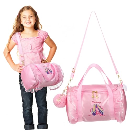 ROMISBABA Tanzhandtasche für Mädchen Große Kapazität Ballett Tasche mit Schlüsselanhänger Pompom Ball Schulter Umhängetasche für Sport Turnen Reise Schule von ROMISBABA