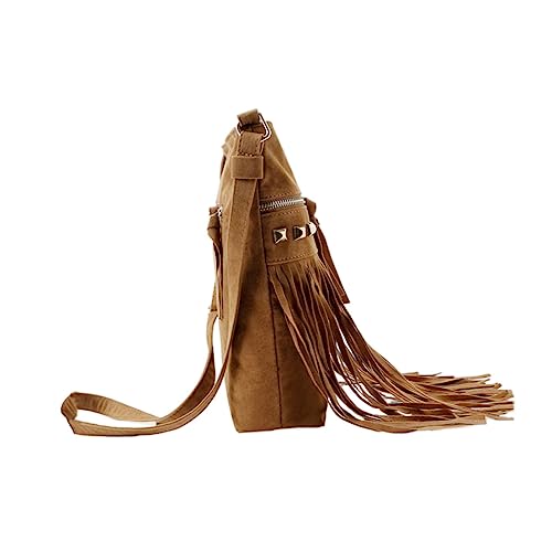 ROMISBABA Tassel Single Shoulder Bag aus Weichem Veloursleder Stilvolle Umhängetasche mit Nietenverzierung Geräumige Freizeit Handtasche für Damen für Alltag und Reisen in Kamelbraun von ROMISBABA